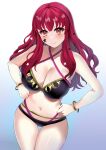  1girl alternate_costume bangs bikini black_bikini blush bracelet breasts cleavage collarbone commentary_request fire_emblem fire_emblem_engage hair_between_eyes hair_ornament hands_on_hips highres jewelry large_breasts long_hair looking_at_viewer navel red_eyes red_hair solo star_(symbol) star_hair_ornament stomach swimsuit tara_(szzj7733) thighs yunaka_(fire_emblem) 