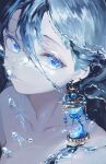  1girl bare_shoulders blue_eyes blue_hair check_copyright close-up collarbone copyright_request ear_piercing earrings hair_between_eyes hourglass jewelry liquid_hair looking_at_viewer open_mouth original piercing pla4neta topless water 