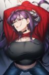  1girl arms_up blueorca breasts character_request choker copyright_request denim glasses highres huge_breasts jeans lipstick long_sleeves makeup mole mole_on_breast mole_under_eye navel pants purple_hair purple_nails red_eyes solo 