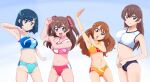  4girls alternate_hairstyle arm_up armpits bangs black_buruma blue_background blue_buruma blue_hair blue_sports_bra breasts brown_hair buruma clenched_hand closed_mouth commentary_request delicious_party_precure frown fuwa_kokone gradient_background hair_down hair_ornament hair_ribbon hairclip hanamichi_ran hand_on_own_arm head_tilt highres long_hair looking_at_viewer mature_female medium_breasts mother_and_daughter multiple_girls nagomi_akiho nagomi_yui navel open_mouth orange_buruma orange_sports_bra partial_commentary pink_sports_bra precure purple_eyes pururun_z red_buruma red_eyes red_ribbon ribbon short_hair small_breasts smile sports_bra sportswear standing two_side_up white_sports_bra 