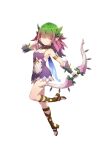  1girl absurdres artist_request bangs bow_(weapon) bracer brown_footwear dress eversoul fairy fairy_wings full_body game_cg green_hair hair_over_eyes highres holding holding_bow_(weapon) holding_weapon leg_up medium_hair miniskirt multicolored_hair official_art pink_hair pixie_(eversoul) pointy_ears purple_dress skirt sleeveless smile solo tachi-e transparent_background two-tone_dress two-tone_hair weapon white_dress wings 