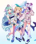  3girls bangs blonde_hair blue_eyes blue_hair blush crown dragon_girl elira_pendora fairy finana_ryugu fish_girl flower gloves green_hair green_ribbon hair_flower hair_ornament hair_over_one_eye hair_ribbon head_fins head_wings highres holding holding_weapon lazulight long_hair looking_at_viewer maico_(manya0321) multiple_girls navel nijisanji nijisanji_en off_shoulder one_eye_covered open_mouth overalls pikl_(elira_pendora) pointy_ears pomu_rainpuff purple_eyes purple_flower red_eyes ribbon skirt spiked_bat sweater virtual_youtuber weapon white_sweater x_hair_ornament 