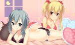  2girls :p aqua_eyes aqua_hair aria. arihara_nanami arm_support ass back bangs bare_arms bikini black_bikini blonde_hair blue_eyes breasts cleavage collarbone commentary crescent_moon crossed_arms eyelashes flower frilled_bikini frilled_pillow frills hair_between_eyes hair_down hair_flower hair_ornament hair_over_shoulder heart heart_pillow highres indoors large_breasts light_blush looking_at_viewer lying moon multiple_girls night on_bed on_stomach pillow polka_dot_pillow red_bikini red_eyes red_flower riddle_joker shikibe_mayu sidelocks skindentation star_(symbol) straight_hair stuffed_animal stuffed_toy swimsuit thighs tongue tongue_out twintails wavy_hair 
