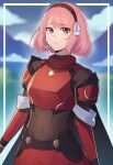 1girl armor bangs braid close-up closed_mouth covered_navel edmonmondo fire_emblem fire_emblem_engage hair_ribbon hairband highres lapis_(fire_emblem) looking_at_viewer pink_eyes pink_hair red_hairband ribbon short_hair side_braid simple_background skin_tight solo swept_bangs two-tone_hairband upper_body white_ribbon 