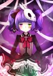  1girl absurdres bangs bow commentary_request dress gothic gothic_lolita green_eyes hair_ribbon halloween heterochromia highres hime_cut lolita_fashion long_hair looking_at_viewer original purple_eyes purple_hair red_bow ribbon skeletal_hand twintails yuki-02 