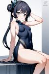  1girl ai-assisted bangs bare_legs bare_shoulders black_dress black_eyes black_hair bladetea blue_archive breasts china_dress chinese_clothes double_bun dress hair_bun half-closed_eyes highres kisaki_(blue_archive) sitting small_breasts solo sweat thighs 