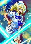 1girl absurdres anchor bangs blonde_hair blue_sailor_collar cowboy_shot fang hand_on_hip hand_on_own_thigh hat highres kitashirakawa_chiyuri kuya_(hey36253625) lasers leaning_forward moon open_mouth pixels sailor_collar shorts solo space teeth touhou touhou_(pc-98) twintails upper_teeth_only white_shorts yellow_eyes 