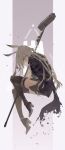  1girl :/ absurdres animal_ear_fluff animal_ears arknights black_cape black_footwear black_gloves blush boots cape closed_mouth commentary from_side full_body gloves grey_hair grey_skirt hair_between_eyes high_heel_boots high_heels highres holding holding_weapon long_hair looking_at_viewer looking_to_the_side purple_eyes rabbit_ears rhodes_island_logo savage_(arknights) shuijiefa skirt solo thigh_boots very_long_hair war_hammer weapon 