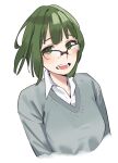  1girl absurdres bangs blush bob_cut breasts dress_shirt glasses green_eyes green_hair highres hori-san_to_miyamura-kun kouno_sakura lewdrawings looking_at_viewer original school_uniform self-upload shirt short_hair simple_background smile solo sweater 