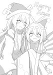  2girls absurdres antennae antlers bangs blush butterfly_wings detached_sleeves dress eternity_larva fairy greyscale hair_between_eyes hat highres leaf leaf_on_head lineart long_hair matara_okina merry_christmas monochrome multiple_girls open_mouth pom_pom_(clothes) reindeer_antlers santa_hat short_hair short_sleeves simple_background smile tabard touhou white_background wide_sleeves wings yu_cha 