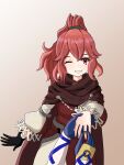  1girl 1other alear_(fire_emblem) anna_(fire_emblem) cape fire_emblem fire_emblem_engage highres jewelry looking_at_viewer one_eye_closed ponytail red_eyes red_hair ring smile useless_dim wedding_ring 