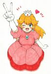  1girl absurdres brooch crown dress earrings elbow_gloves from_above gloves highres jewelry long_hair looking_at_viewer looking_up mario_(series) mehonobu_g one_eye_closed open_mouth pink_dress princess_peach solo super_mario_rpg very_long_hair white_gloves 