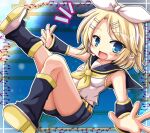  1girl bangs black_shorts blonde_hair blue_eyes bow breasts commentary_request detached_sleeves fang fangs full_body hair_bow happy headphones headset kagamine_rin looking_at_viewer sailor_collar shoes shorts small_breasts smile solo taiga_joe vocaloid white_bow 
