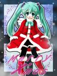  1girl alternate_costume aqua_eyes aqua_hair bangs black_socks boots bow bowtie christmas coat commentary_request dress full_body hatsune_miku highres long_hair long_sleeves looking_at_viewer musical_note red_dress socks solo taiga_joe twintails very_long_hair vocaloid 