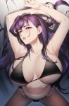  1girl armpits arms_up bikini blueorca blush breasts character_request copyright_request highres huge_breasts lipstick makeup mole mole_on_breast mole_under_eye navel purple_hair purple_nails red_eyes solo swimsuit 