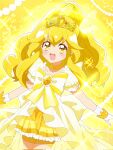  1girl bike_shorts_under_skirt blonde_hair blush bow choker commentary cure_peace cure_peace_(princess_form) head_wings high_ponytail highres kise_yayoi long_hair magical_girl matatabi_(tabi_hibiki_6) precure shorts smile smile_precure! solo sparkle tiara wide_ponytail yellow_bow yellow_choker yellow_eyes yellow_shorts yellow_theme 