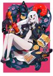  1girl abigail_williams_(fate) abigail_williams_(swimsuit_foreigner)_(fate) absurdres aged_up bangs bare_legs barefoot bottle cellphone coca-cola commentary cookie corruption dark_persona english_commentary fate/grand_order fate_(series) food grey_hair headphones highres holding holding_phone jacket keyhole legs long_hair monkey_jon navel pale_skin phone red_background red_eyes snack soda soda_bottle solo tentacles two-tone_background watch white_background wristwatch 