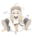  absurdres bangs blonde_hair boots girls&#039;_frontline goggles goggles_on_head grey_eyes highres jacket mask mask_around_neck medium_hair mk3a1_(girls&#039;_frontline) shorts simple_background thighs white_background yellow_jacket yellow_shorts 