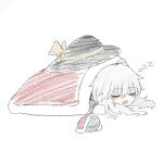  1girl bags_under_eyes bangs black_headwear bow full_body grey_hair hat hat_bow hat_removed hat_ribbon headwear_removed komeiji_koishi lying medium_hair on_stomach open_mouth reverinth ribbon sidelocks simple_background sketch sleeping solo touhou under_covers white_background yellow_bow yellow_ribbon zzz 