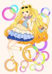  1girl absurdres bangs blonde_hair denim_vest dress flower food france fruit full_body hair_flower hair_ornament highres hime_cut long_hair looking_at_viewer open_mouth orange_(fruit) orange_theme original strapless strapless_dress summer sunflower sunflower_hair_ornament very_long_hair wavy_hair yuki-02 