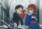  1boy 1girl aged_down bird black_bow blue_bird blue_eyes blush bow brown_hair chenglou child closed_eyes commentary english_commentary evangelion:_3.0+1.0_thrice_upon_a_time female_child forest hair_between_eyes hand_puppet hat highres ikari_shinji male_child mittens mixed-language_commentary nature neon_genesis_evangelion open_mouth puppet rebuild_of_evangelion scarf sitting smile snow souryuu_asuka_langley tree winter winter_clothes 