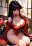  1girl ai-generated black_hair black_socks blush breasts cleavage curvy dress embarrassed eyeai large_breasts long_hair looking_at_viewer original red_dress red_eyes socks sunlight thighs undressing very_long_hair 