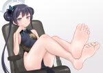  1girl bangs bare_legs barefoot black_hair black_nails blue_archive butterfly_hair_ornament chair china_dress chinese_clothes dress feet foot_focus foreshortening grey_eyes hair_ornament hinosaki kisaki_(blue_archive) legs nail_polish on_chair presenting_foot sitting soles solo toenail_polish toenails toes 