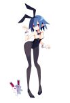  1girl absurdres alternate_costume animal_ears bangs bare_shoulders black_pantyhose blue_hair breasts cleavage disgaea full_body highres inktober long_legs looking_at_viewer makai_senki_disgaea nanozenzen pantyhose playboy_bunny pleinair pointy_ears rabbit rabbit_ears rabbit_tail red_eyes ribbon short_hair simple_background solo tail usagi-san white_background wrist_cuffs 