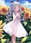  1girl absurdres alternate_costume animal_ears bangs blue_sky blunt_bangs cat_ears closed_mouth cloud commentary curly_hair dress expressionless feet_out_of_frame field flower flower_field from_side grey_hair hair_ornament highres holding holding_flower hololive looking_at_viewer murasaki_shion outdoors see-through see-through_dress see-through_silhouette sky sleeveless sleeveless_dress solo sonoji standing star_(symbol) star_hair_ornament sundress sunflower virtual_youtuber white_dress yellow_eyes 