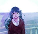  1girl bandage_on_face bandages blood blood_on_clothes blood_on_face blue_eyes blue_hair bruise bruise_on_face commentary crying english_commentary hatsune_miku injury long_hair nosebleed railing rolling_girl_(vocaloid) shirt smile solo sweater twintails twitchhhhh vocaloid white_shirt 