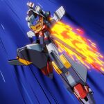  blue_background fire flaming_sword flaming_weapon highres holding holding_weapon jumping mecha mecha_request motion_lines no_humans robot roko_(project_1104) weapon yuusha_keisatsu_j-decker yuusha_series 