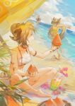 3girls :d alternate_costume arknights ball beach beachball bikini bird black_one-piece_swimsuit blanket blonde_hair brown_hair chinese_commentary choker cloud commentary_request crab cup day demon_horns disposable_cup drink drinking_straw food fruit goggles grey_hair hair_bun highres holding holding_food horns ifrit_(arknights) ifrit_(sunburn)_(arknights) innertube looking_at_another melon melon_slice multiple_girls ocean official_alternate_costume one-piece_swimsuit open_mouth oripathy_lesion_(arknights) palm_tree red_choker sand saria_(arknights) short_hair shuaigegentou silence_(arknights) single_hair_bun sky smile swimsuit tree white_bikini yellow_eyes yellow_one-piece_swimsuit 