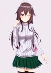  01021235 1girl absurdres bad_hands breasts brown_hair green_skirt hair_between_eyes hair_ornament highres kantai_collection kisaragi_(kancolle) kisaragi_kai_ni_(kancolle) long_hair one_eye_closed purple_eyes ribbed_sweater skirt small_breasts sweater thighhighs white_background 