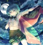  1girl bangs black_cape cape closed_mouth cloud full_moon green_eyes green_hair green_shorts highres kemo_chiharu light_particles looking_at_viewer moon navel night outdoors shirt short_sleeves shorts solo touhou transparent_wings white_shirt wriggle_nightbug 