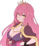  1girl breasts brown_capelet capelet chain cleavage closed_mouth crown hands_on_hips large_breasts long_hair looking_at_viewer oda_nobunaga_(sengoku_collection) orange_eyes pink_hair sengoku_collection simple_background smile solo sumiyao_(amam) underbust upper_body very_long_hair white_background 