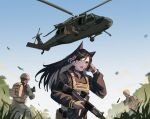  1girl 2boys absurdres aircraft aircraft_request animal_ears assault_rifle atago_(azur_lane) azur_lane blue_sky brown_hair bulletproof_vest commission day extra_ears floating_hair gar32 grey_choker gun hair_ornament helicopter highres holding holding_gun holding_weapon howa_type_89 long_hair long_sleeves multiple_boys open_mouth outdoors rifle sky soldier solo_focus tactical_clothes weapon weapon_request 