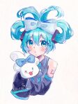  1girl :o ;d absurdres aqua_bow aqua_eyes aqua_hair aqua_necktie bangs bare_shoulders blue_bow blue_eyes blue_pupils blush bow cinnamiku cinnamoroll collared_shirt commentary cropped_torso dated detached_sleeves grey_shirt hair_between_eyes hair_bow hair_ornament hatsune_miku heart highres holding hug long_sleeves looking_at_viewer mokomokoloa necktie number_tattoo one_eye_closed open_mouth parted_lips ribbon sanrio shirt simple_background sleeveless sleeveless_shirt smile solid_eyes solo sparkle tattoo traditional_media twintails upper_body upturned_eyes vocaloid white_background wide_sleeves 