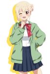  1girl ;d alternate_costume alternate_hairstyle bangs blonde_hair blue_skirt blush bob_cut bocchi_the_rock! bow collared_shirt commentary_request cosplay cowboy_shot dars_(recolors) green_hoodie hand_on_hip highres hood hoodie ijichi_nijika ijichi_nijika_(cosplay) long_sleeves looking_at_viewer lycoris_recoil nishikigi_chisato one_eye_closed open_clothes open_hoodie open_mouth pleated_skirt red_bow red_eyes school_uniform shirt shirt_tucked_in short_hair side_ponytail sidelocks skirt smile solo standing white_shirt 