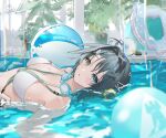  1girl arknights ball bangs beachball bikini black_eyes black_hair breasts goggles goggles_around_neck id_card la_pluma_(arknights) la_pluma_(summer_flowers)_(arknights) medium_breasts milluun official_alternate_costume parted_lips partially_submerged plant pool short_hair solo swimsuit water white_bikini 