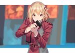  1girl absurdres aiming_at_viewer bangs belt blonde_hair bow-shaped_hair center_axis_relock_stance closed_mouth earphones fighting_stance finger_on_trigger gar32 highres jacket looking_at_viewer lycoris_recoil microphone nishikigi_chisato red_belt red_eyes red_jacket solo 