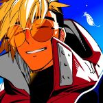  1boy blonde_hair blue_background closed_eyes earrings feathers glasses gradient_background grin imo_su_p jewelry male_focus smile solo sunglasses thick_eyebrows trigun trigun_stampede turtleneck undercut upper_body vash_the_stampede 