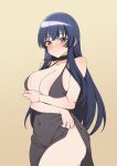  1girl bangs black_choker black_dress blue_hair breast_hold breasts choker cleavage clothes_lift covered_navel dress dress_lift highres large_breasts lifted_by_self long_hair looking_at_viewer purple_eyes simple_background smile solo spy_kyoushitsu standing straight_hair thea_(spy_kyoushitsu) yghm 