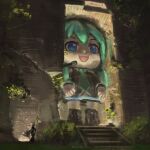  1girl 1other aqua_hair bangs bare_shoulders blue_eyes building bush chibi cloak crack detached_sleeves giant giantess grass hair_ornament hatsune_miku holding holding_staff long_hair microphone mikudayoo nature necktie night open_mouth outdoors rythayze scenery skirt staff stairs standing statue thighhighs tree twintails very_long_hair vocaloid 