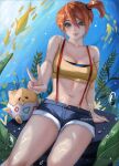 1girl air_bubble arm_support bangs bare_arms breasts bubble cleavage collarbone commentary_request fish green_eyes hair_between_eyes knees leaning looking_down misty_(pokemon) one_side_up orange_hair pokemon pokemon_(anime) pokemon_(classic_anime) pokemon_(creature) shirt short_shorts shorts sitting sleeveless sleeveless_shirt smile strap_slip suspenders togepi underwater v watermark web_address wei_(promise_0820) yellow_shirt 