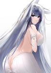  1girl absurdres animal_ears ass azur_lane backless_dress backless_outfit bangs breasts bridal_veil bride butt_crack cowboy_shot dress fake_animal_ears highres kuaile_hei_zi large_breasts long_hair looking_at_viewer new_jersey_(azur_lane) new_jersey_(snow-white_ceremony)_(azur_lane) official_alternate_costume purple_eyes purple_hair rabbit_ears simple_background veil very_long_hair wedding_dress white_background 