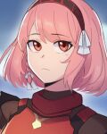  1girl armor bangs braid close-up closed_mouth edmonmondo fire_emblem fire_emblem_engage hair_ribbon hairband highres lapis_(fire_emblem) looking_at_viewer pink_eyes pink_hair portrait red_hairband ribbon short_hair side_braid simple_background solo swept_bangs two-tone_hairband upper_body white_ribbon 