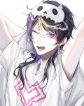  1boy absurdres arms_behind_head arms_up bangs black_hair blonde_hair earrings eoseo88 eyeliner hair_between_eyes highres jewelry makeup male_focus multicolored_hair nijisanji nijisanji_en one_eye_closed open_mouth pink_hair purple_eyes purple_hair shirt shu_yamino simple_background sleep_mask solo streaked_hair teeth tongue virtual_youtuber white_background white_shirt 