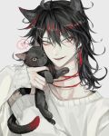  1boy absurdres animal animal_ears bangs black_cat black_hair blush cat cat_ears eoseo88 eyeshadow gradient_hair hair_between_eyes hair_ornament hairpin heart highres holding holding_animal jewelry long_hair long_sleeves looking_to_the_side makeup male_focus multicolored_hair necklace nijisanji nijisanji_en open_mouth red_eyeshadow red_hair shirt simple_background smile spoken_heart sweater tongue tongue_out upper_body virtual_youtuber vox_akuma white_background white_shirt white_sweater yellow_eyes 