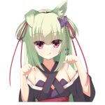  1girl :p absurdres animal_ear_fluff animal_ears bangs beads black_kimono blunt_bangs breasts butterfly_hair_ornament collarbone commentary cross-laced_clothes cross-laced_dress dog_ears eyelashes green_hair hair_beads hair_ornament hair_ribbon hands_up highres hime_cut japanese_clothes kaon_zz kimono light_blush long_hair long_sleeves looking_at_viewer murasame_(senren) paw_pose purple_eyes red_ribbon red_sash ribbon sash senren_banka sidelocks simple_background small_breasts smile solo straight_hair tongue tongue_out two_side_up upper_body very_long_hair white_background wide_sleeves 