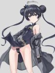  1girl bare_shoulders black_dress black_gloves black_hair blue_archive blue_eyes braid braided_bun breasts butterfly_hair_ornament china_dress chinese_clothes double_bun dragon_print dress edobox gloves grey_eyes grey_jacket hair_bun hair_ornament halo jacket jacket_on_shoulders kisaki_(blue_archive) long_hair looking_at_viewer maebari no_panties pelvic_curtain print_dress short_dress side_slit sleeveless sleeveless_dress small_breasts solo striped striped_jacket twintails vertical-striped_jacket vertical_stripes 